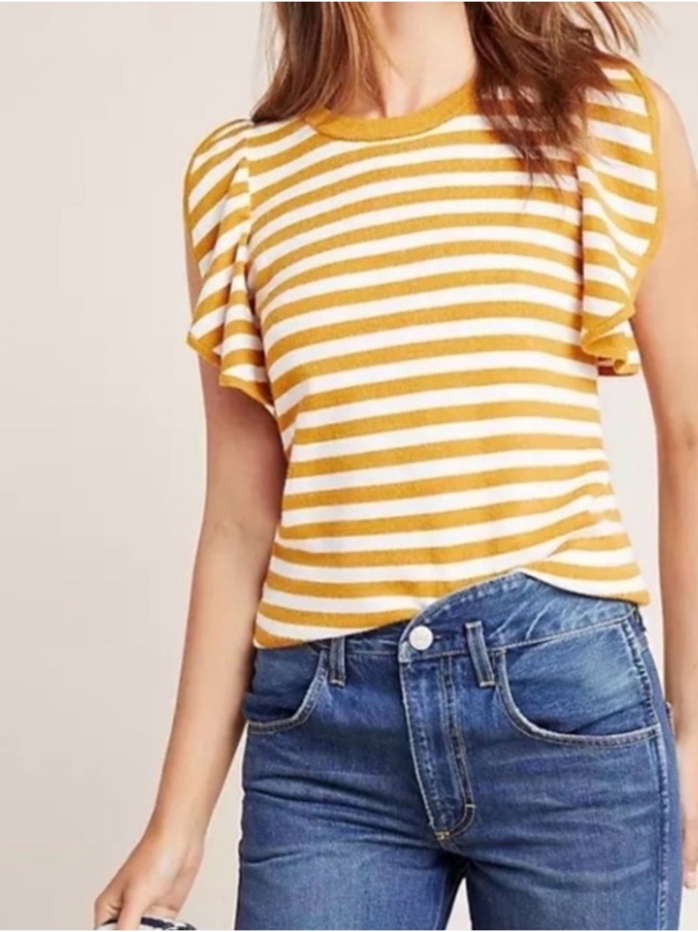 Anthropologie Mustard and White Striped Flutter Sleeve Tee size medium